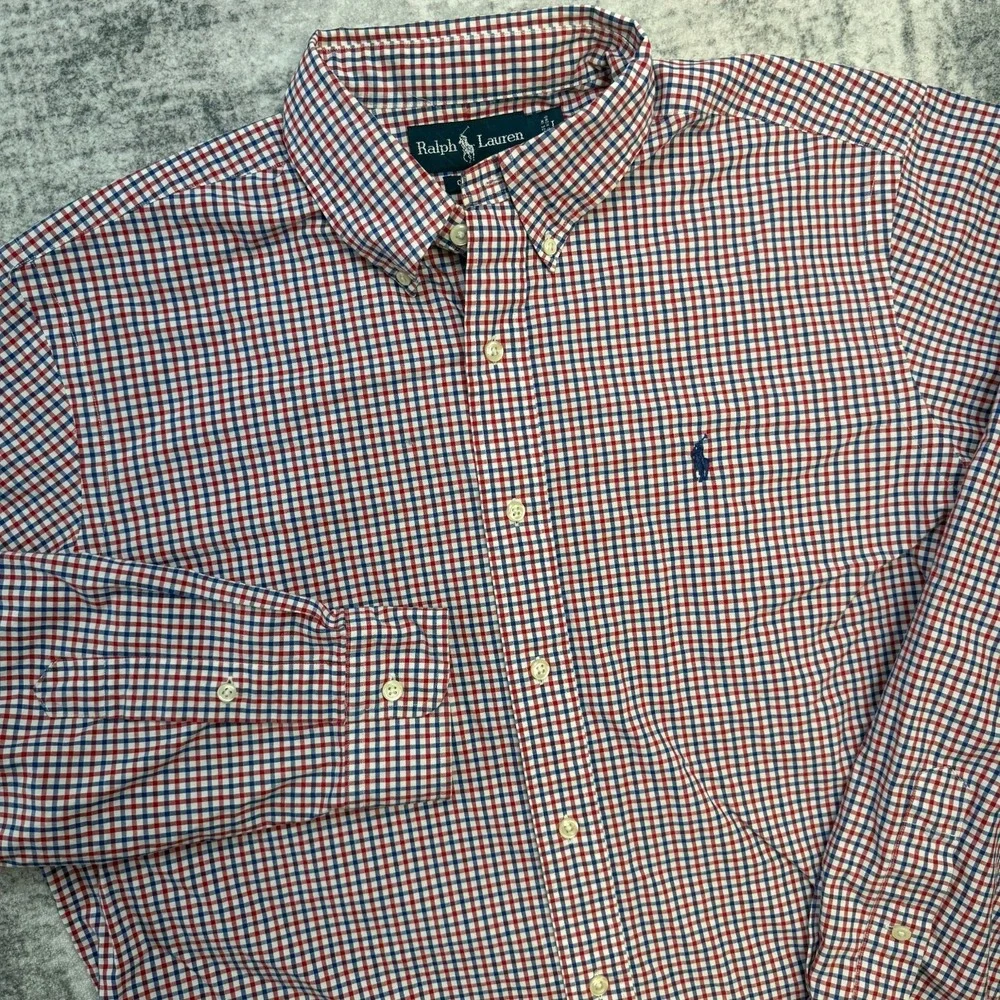 VTG Polo Ralph Lauren Shirt Mens Large Red White Blue Check Cotton Poplin Preppy